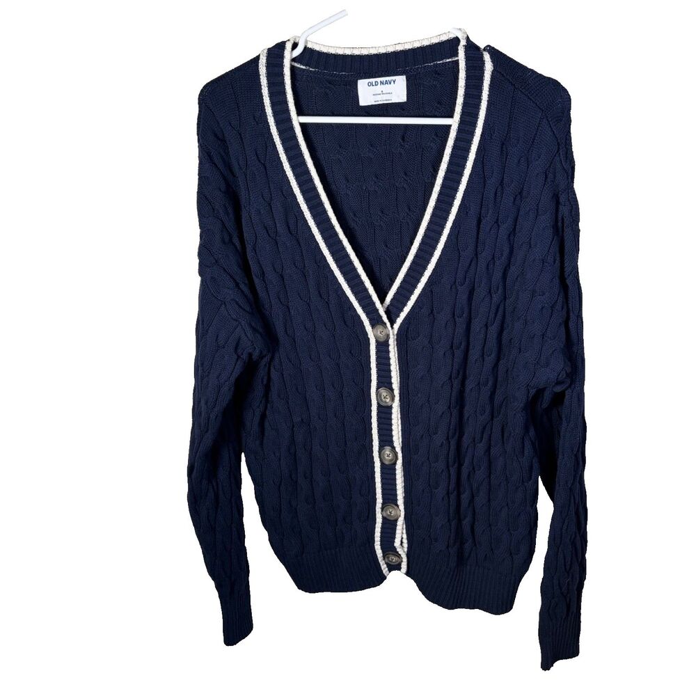 Old Navy Sweater Women's Small Navy V-Neck Button Front Cable Knit Chunky